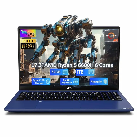 17.3" Gaming Laptop, AMD Ryzen 5 6600H 6 Cores (Beat i7-1165G7, Up to 4.5GHz)32GB DDR5 RAM 1TB SSD Radeon 660M GPU-Computer with 100W Type-C Backlit Keyboard Fingerprint