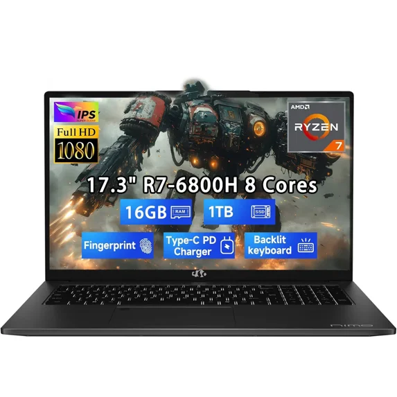 17.3" Gaming Laptop, AMD Ryzen 7 6800H 8-Core (Up to 4.7GHz, Beats i7-12700H), AMD Radeon 680M Graphics, 16GB DDR5 RAM, 1TB SSD, FHD IPS Display, 100W Type-C, Backlit Keyboard, Fingerprint Blue