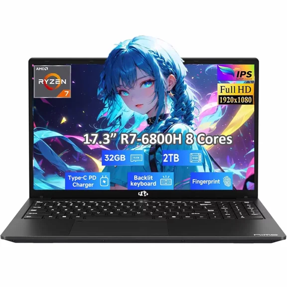 17.3" Gaming Laptop, AMD Ryzen 7 6800H 8 Cores 32GB DDR5 RAM 2TB SSD AMD Radeon 680M GPU-Computer with 100W Type-C (Beat i7-12700H, Up to 4.7GHz) Backlit Keyboard, Fingerprint