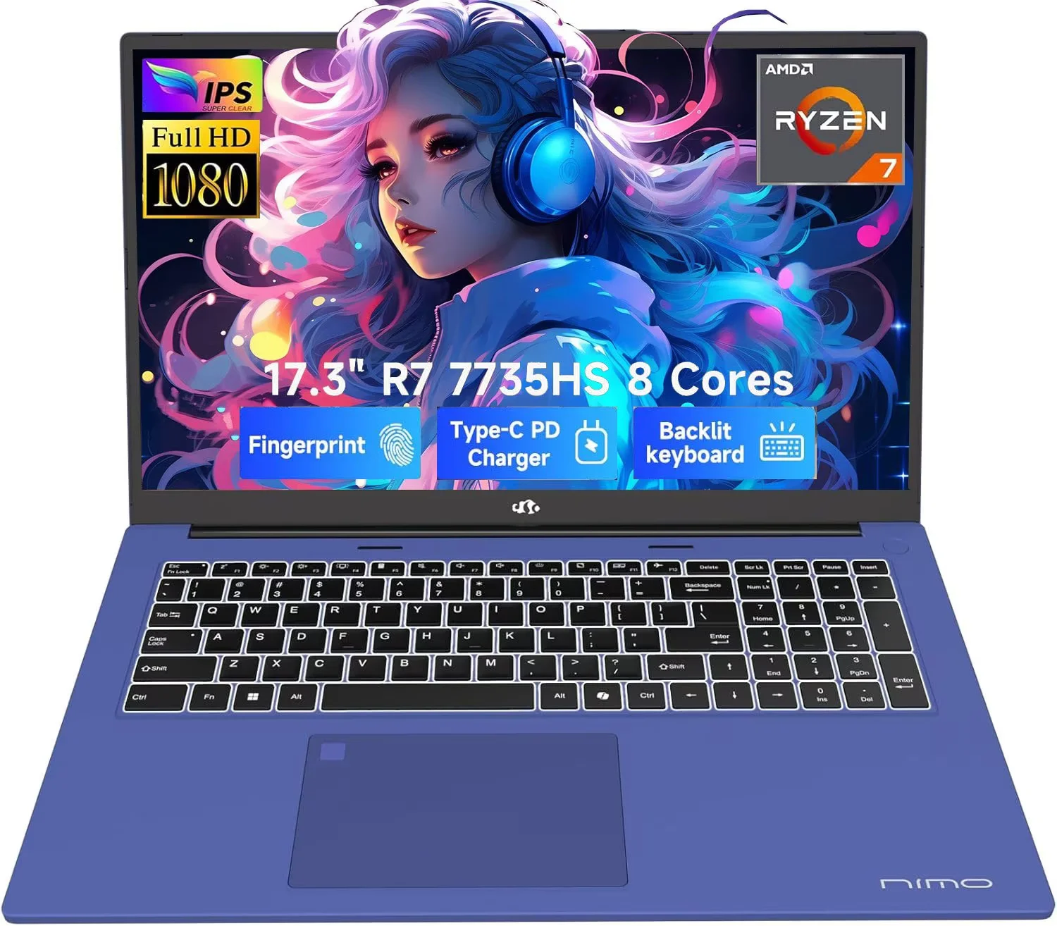 17.3" Gaming-Laptop, AMD Ryzen 7 7735HS (8C/16T, Beats i7-12650H) 16GB DDR5 RAM 512GB SSD Computer with Radeon 680M, 100W Type-C, WiFi-6E, 75Wh Battery, Fingerprint, Backlit Keyboard for Business