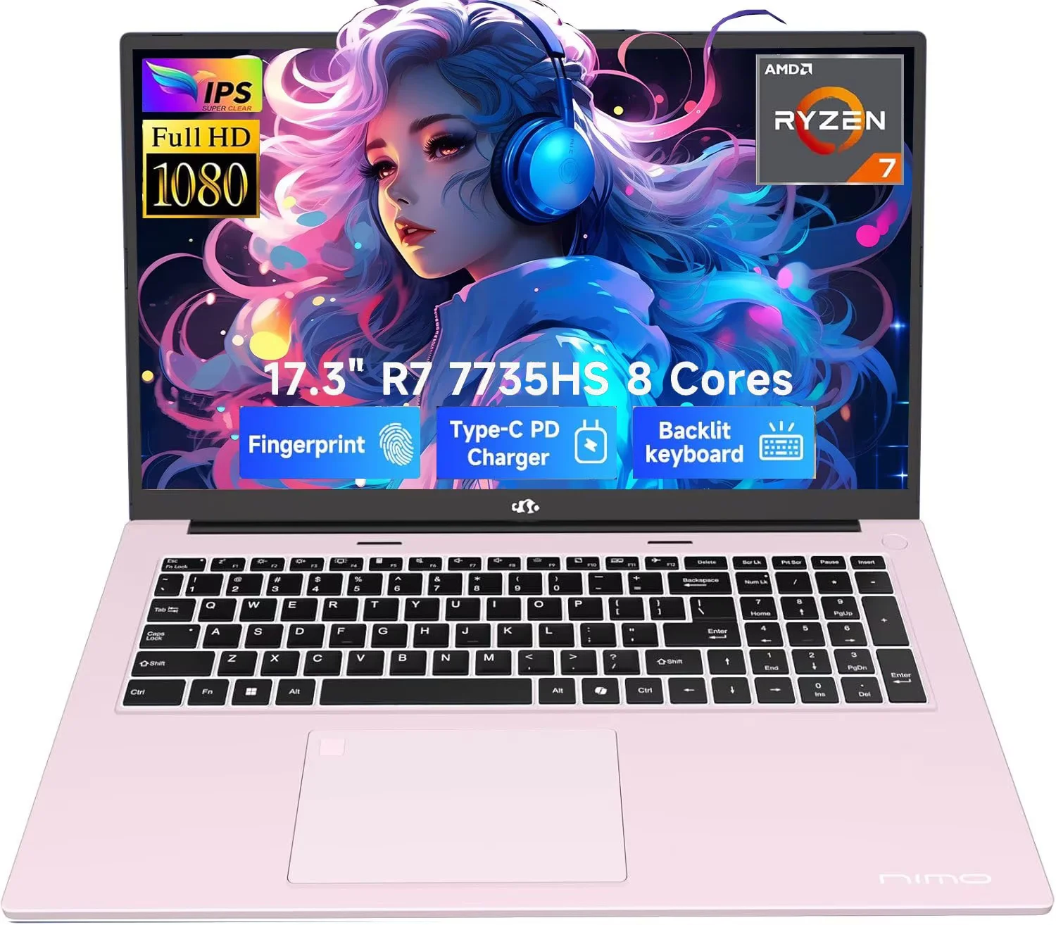 17.3" Gaming-Laptop, AMD Ryzen 7 7735HS (8C/16T, Beats i7-12650H) 16GB DDR5 RAM 512GB SSD Computer with Radeon 680M, 100W Type-C, WiFi-6E, 75Wh Battery, Fingerprint, Backlit Keyboard for Business
