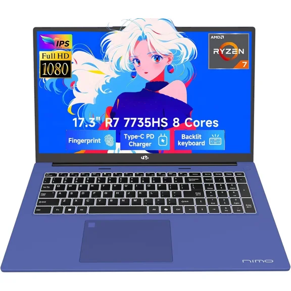 17.3" Gaming Laptop with AMD Ryzen 7 7735HS (Beats i7-12650H) Radeon 680M Graphics for Smooth Gaming, 64GB DDR5, 1TB SSD,Fingerprint, Backlit Keyboard (Blue)