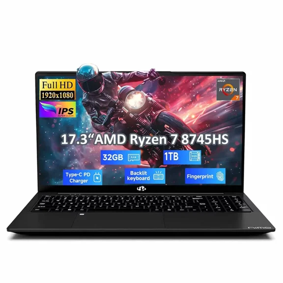17.3" Gaming Laptop AMD Ryzen 7 8745HS 32GB DDR5 RAM 1TB SSD (8C/16T, up to 4.9GHz) Radeon 780M Graphics Business Computer with 100W Type-C B USB-C 4.0
