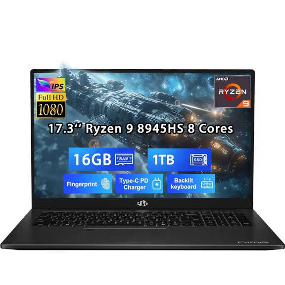 17.3" Gaming Laptop, AMD Ryzen 9 8945HS (Beats i9-13900H, Up to 5.2GHz), AMD Radeon 780M Graphics, 16GB RAM, 1TB SSD, FHD IPS Display, 100W PD, Backlit Keyboard, Fingerprint Black