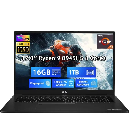17.3" Gaming Laptop Computer AMD Ryzen 9 8945HS (Beats i9-13900H, Up to 5.2GHz), AMD Radeon 780M Graphics, 16GB RAM, 1TB SSD, FHD IPS Display, 100W PD, Backlit Keyboard, Fingerprint Black
