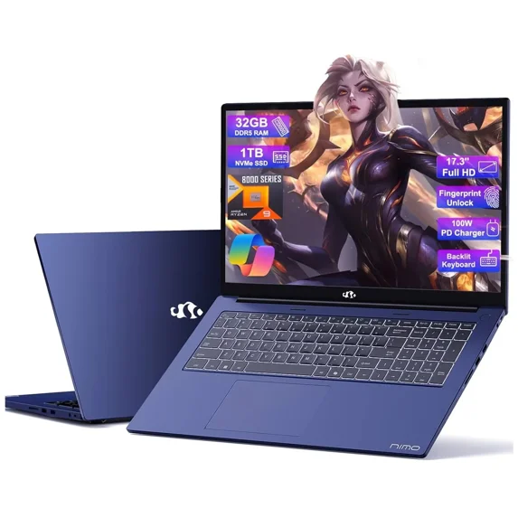 17.3 Gaming Laptop Ryzen 9 8945HS (Beat i9-13900H, Up to 5.2GHz) 32GB RAM, 1TB SSD, Radeon 780M, PD 100W Type-C AI-Enhanced for Copilot VR Ready, Backlit Keyboard, Fingerprint, 75W Battery, Blue