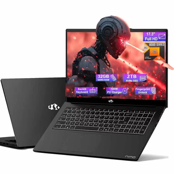 17.3 Gaming-Laptop Ryzen 9 8945HS (Beat i9-13900H, Up to 5.2GHz) 32GB RAM, 2TB SSD, Radeon 780M, PD 100W Type-C AI-Enhanced for Copilot VR Ready, Backlit Keyboard, Fingerprint, 75W Battery
