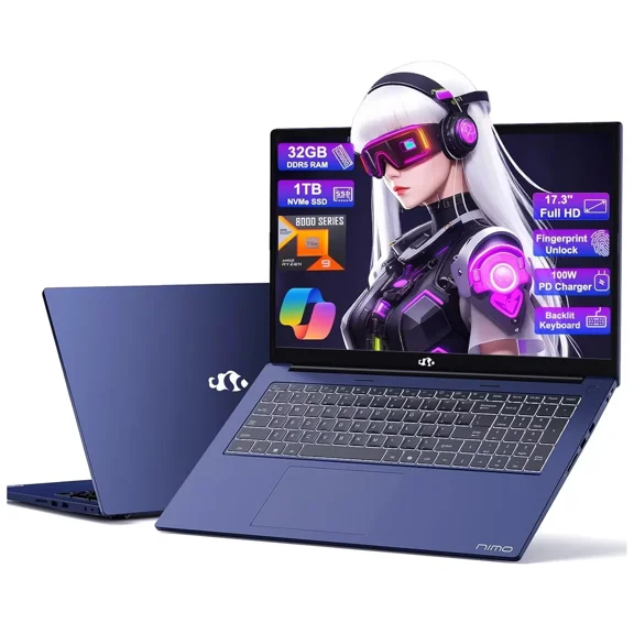 17.3 Gaming-Laptop Ryzen 9 8945HS (>i9-13900H) 32GB RAM, 1TB SSD, Radeon 780M, PD 100W USB-C 4.0 AI-Enhanced for Copilot VR Ready, Backlit Keyboard, Fingerprint, 75W Battery, Blue