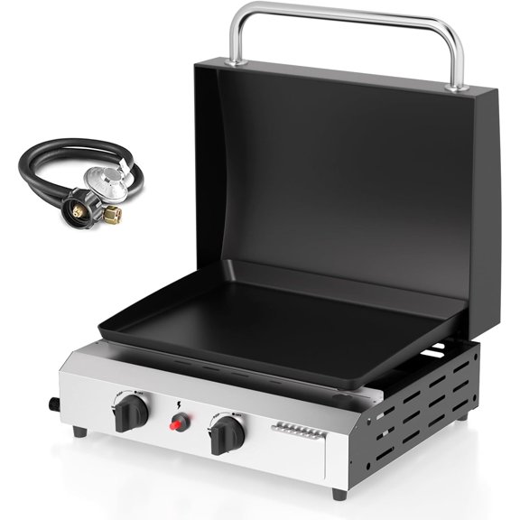17.3'' Gas Griddle Flat Top Grill with Lid, 2-Burner Tabletop Portable Propane Griddle for Outdoor Cooking, BBQ, Camping & Tailgating Barbecue, 30,000BTU Output