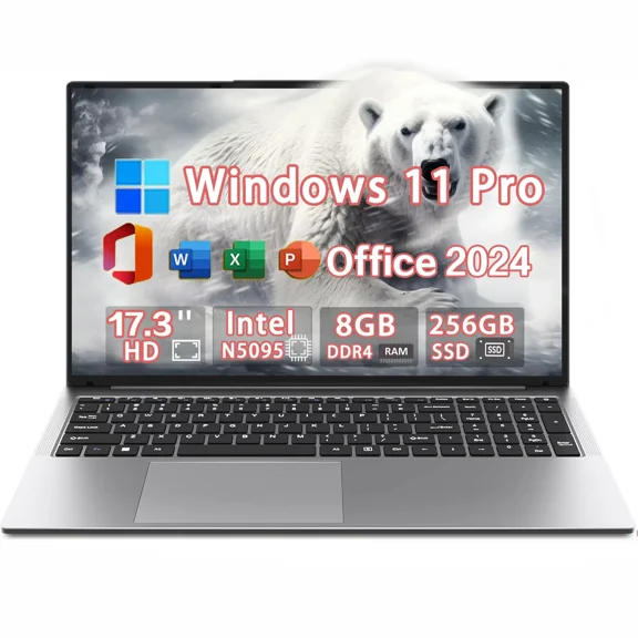 17.3" HD Windows 11 Laptop Computer Office 2024 Conference camera Intel N5095 8GB RAM 256GB SSD Support Backlit Keyboard Type-C interface Fingerprint, BT 5.0