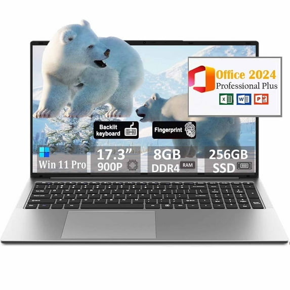 17.3" Ultra-thin Laptop Business Laptop Computer Office 2024 Windows 11 Pro Conference camera 8GB RAM 256GB SSD Intel N5095 Backlit Keyboard Type-C Fingerprint BT 5.0