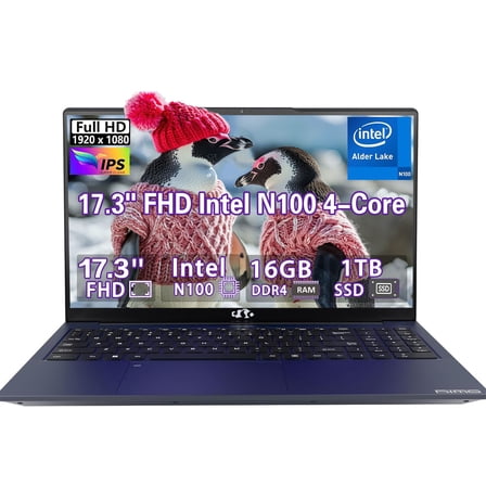 17.3" Business Laptop Computer Windows 11 Conference Webcam 65W Type-C Backlit Keyboard Intel N100 16GB RAM 1TBGB SSD Support Fingerprint BT 5.2