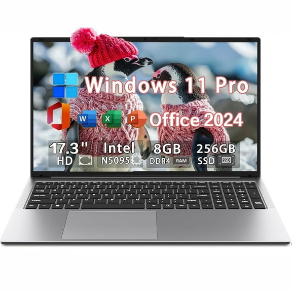 17.3" Business Laptop Windows 11 Pro Office 2024 Conference Webcam Type-C Backlit Keyboard Intel N5095 8GB RAM 256GB SSD Support Fingerprint BT 5.0