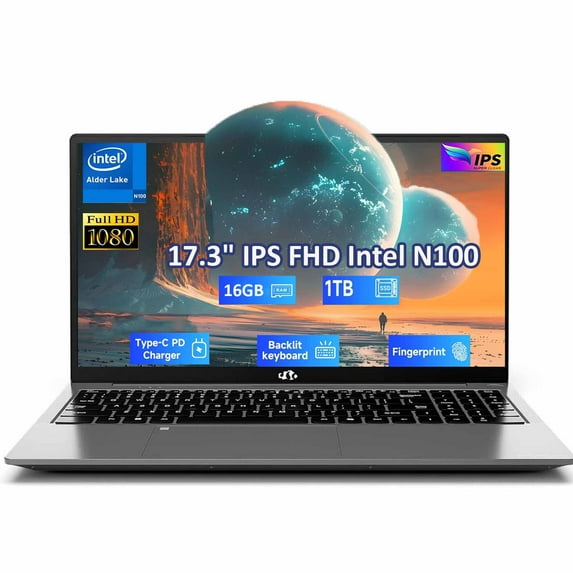 17.3" IPS FHD Business Laptop Computer Windows 11 Intel Pentium 4 Cores N100 16GB RAM 1TB SSD Backlit Keyboard Fingerprint 65W Type-C