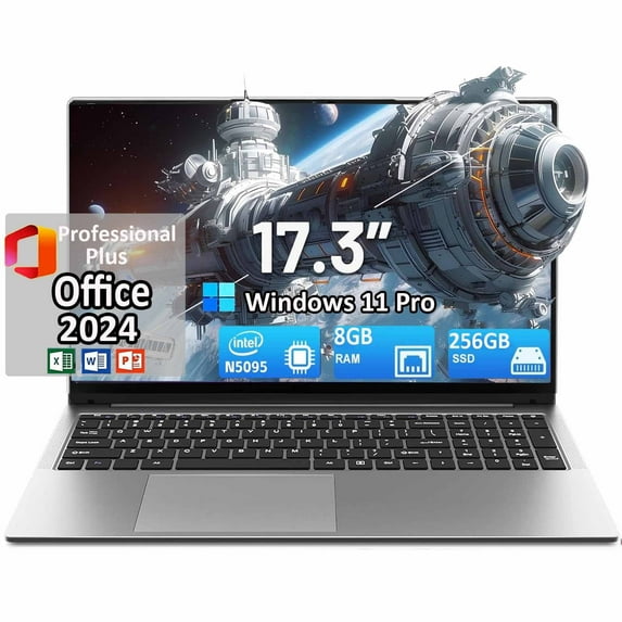17.3" IPS FHD Business Laptop Computer Windows 11 Pro Office 2024 Ultra-Thin Laptop 8GB RAM 256GB SSD Webcam Type-C Backlit Keyboard Intel N5095 Fingerprint BT 5.0