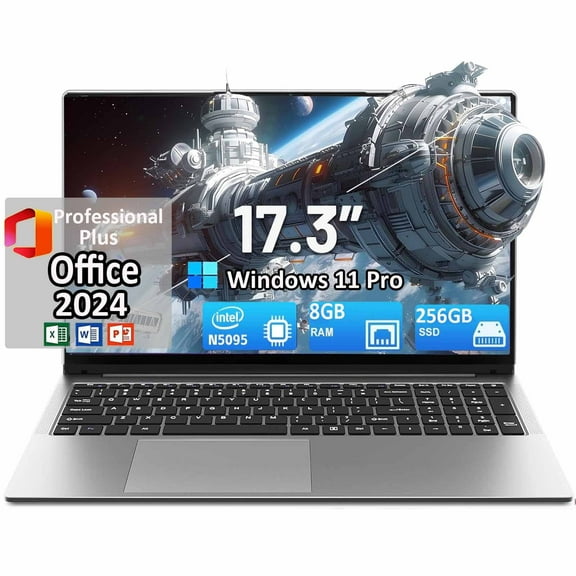 17.3" IPS FHD Business Laptop Computer Windows 11 Pro Office 2024 Ultra-Thin Laptop 8GB RAM 256GB SSD Webcam Type-C Backlit Keyboard Intel N5095 Fingerprint BT 5.0