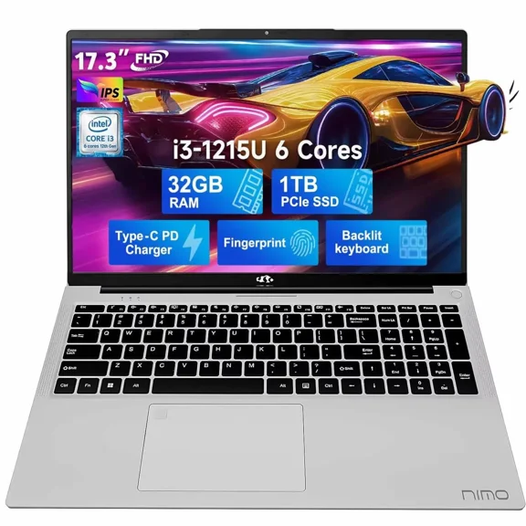 17.3" IPS FHD-Business-Laptop Intel 6 Core i3-1215U 32GB RAM 1TB SSD (Beat i5-1135G7 Up to 4.4GHz) Computer with 65W Type C Fingerprint Backlit Keyboard Wi-Fi 6 Numpad Win 11