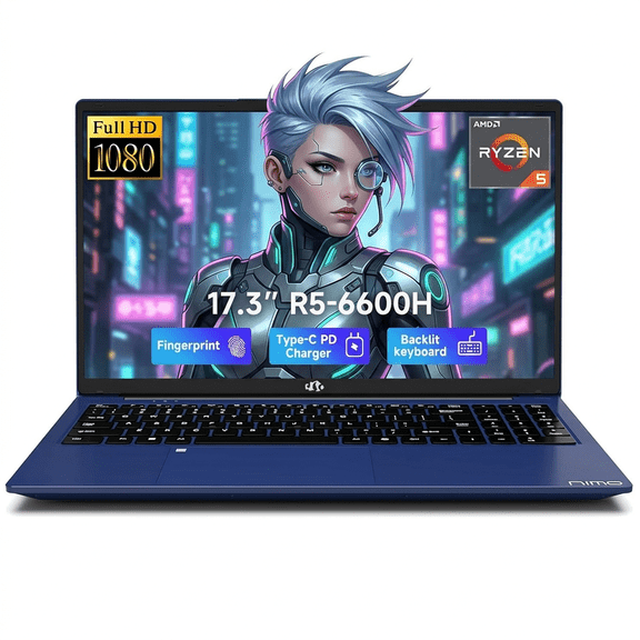 17.3" IPS FHD Gaming Laptop 16GB DDR5 RAM 1TB SSD AMD Ryzen 5 6600H (Beat i7-1165G7 Up to 4.5GHz) AMD Radeon 660M GPU with 100W Type-C Backlit Keyboard Fingerprint Blue