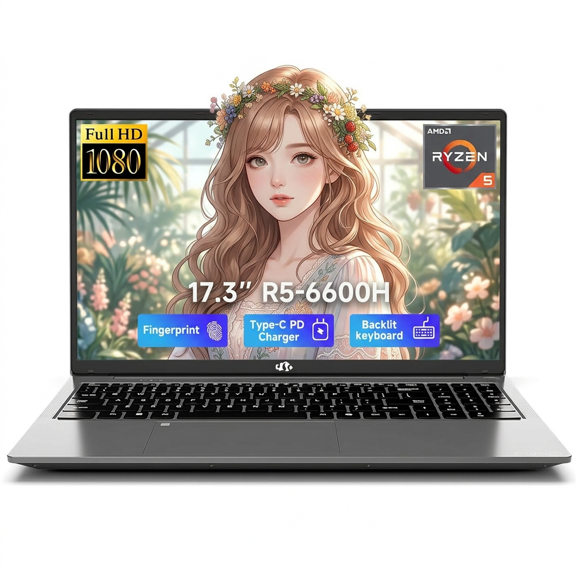 17.3" IPS FHD Gaming Laptop 16GB DDR5 RAM 1TB SSD AMD Ryzen 5 6600H (Beat i7-1165G7 Up to 4.5GHz) Radeon 660M GPU with 100W Type-C Backlit Keyboard Fingerprint Gray