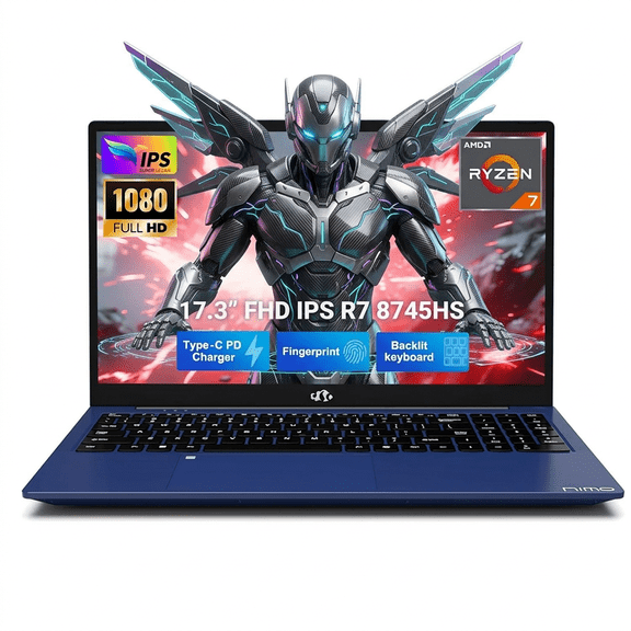 17.3" IPS FHD Gaming Laptop 16GB DDR5 RAM 512GB SSD AMD Ryzen 7 8745HS (8 Cores Up to 4.9GHz) AMD Radeon 780M Graphics with 100W Type-C Fast Charger Backlit Keyboard Fingerprint Blue