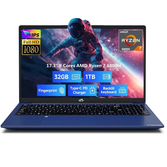 17.3" IPS FHD Gaming Laptop, 32GB DDR5 RAM 1TB SSD 8 Cores AMD Ryzen 7 6800H (Beat i7-12700H Up to 4.7GHz) AMD Radeon 680M GPU-Computer with 100W Type-C Backlit Keyboard Fingerprint Blue