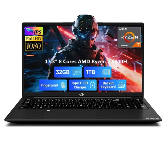 17.3" IPS FHD Gaming Laptop, 32GB DDR5 RAM 1TB SSD 8 Cores AMD Ryzen 7 6800H (Beat i7-12700H Up to 4.7GHz) AMD Radeon 680M GPU-Computer with 100W Type-C Backlit Keyboard Fingerprint Black
