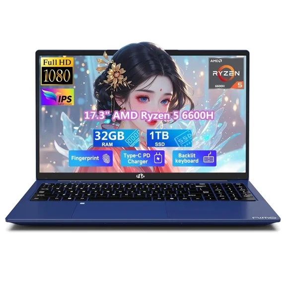 17.3" IPS FHD Gaming Laptop, 32GB DDR5 RAM 1TB SSD AMD Ryzen 5 6600H 6 Cores (Beat i7-1165G7, Up to 4.5GHz) Radeon 660M GPU Computer with 100W Type-C Backlit Keyboard Fingerprint Win 11 Blue
