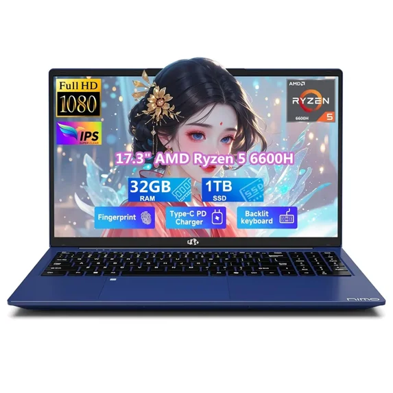 17.3" IPS FHD Gaming Laptop, 32GB DDR5 RAM 1TB SSD AMD Ryzen 5 6600H 6 Cores (Beat i7-1165G7, Up to 4.5GHz) Radeon 660M GPU Computer with 100W Type-C Backlit Keyboard Fingerprint Win 11 Blue