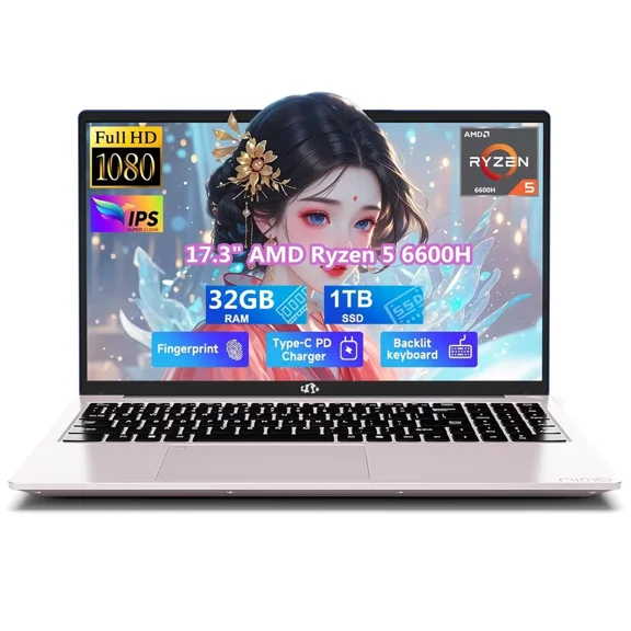 17.3" IPS FHD Gaming Laptop, 32GB DDR5 RAM 1TB SSD AMD Ryzen 5 6600H 6 Cores (Beat i7-1165G7, Up to 4.5GHz) Radeon 660M GPU Computer with 100W Type-C Backlit Keyboard Fingerprint Win 11 RoseGold