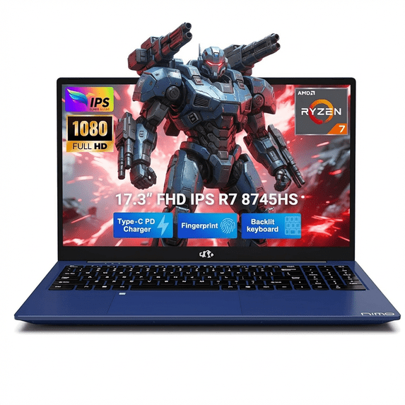 17.3" IPS FHD Gaming Laptop 32GB DDR5 RAM 1TB SSD AMD Ryzen 7 8745HS (8 Cores Up to 4.9GHz) with AMD Radeon 780M Graphics-100W USB-C Backlit Keyboard Fingerprint USB 4.0 Blue