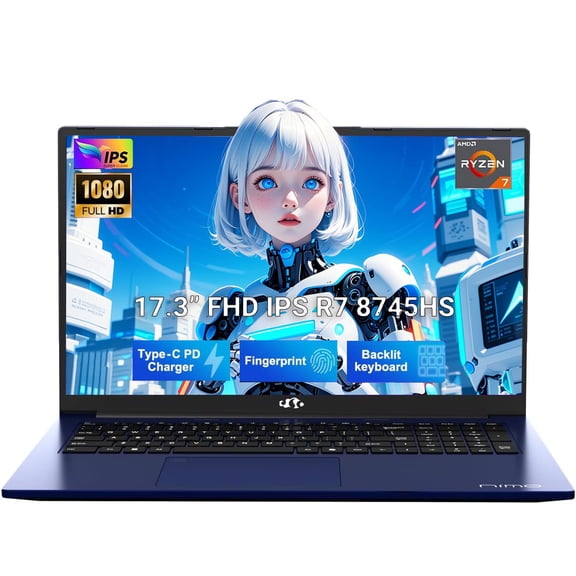 17.3" IPS FHD Gaming Laptop: 32GB DDR5 RAM, 1TB SSD, AMD Ryzen 7 8745HS, Radeon 780M Graphics. Features 100W USB-C, Backlit Keyboard, and Fingerprint Reader.