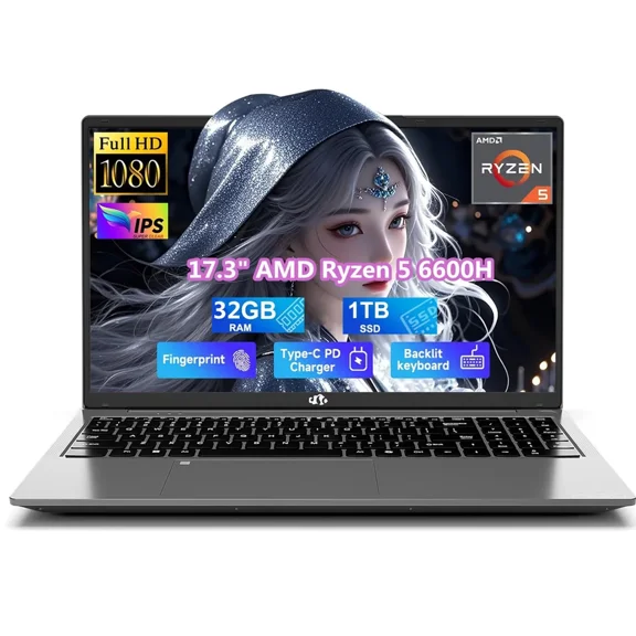 17.3" IPS FHD Gaming Laptop, 6 Cores AMD Ryzen 5 6600H 32GB DDR5 RAM 1TB SSD (Beat i7-1165G7 up to 4.5GHz) 660M 6nm GPU-Computer with 100W Type-C Backlit Keyboard, Fingerprint Win 11 Gray