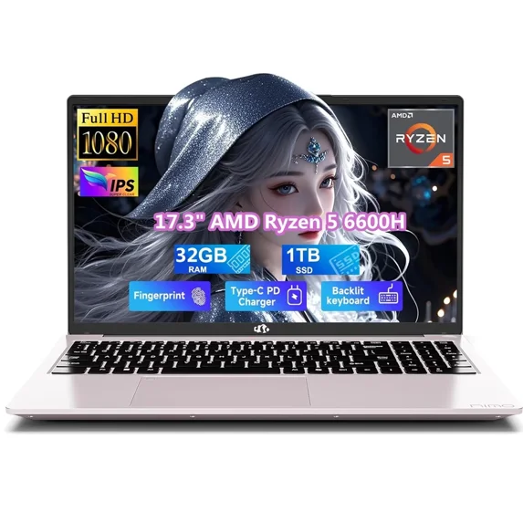17.3" IPS FHD Gaming Laptop, 6 Cores AMD Ryzen 5 6600H 32GB DDR5 RAM 1TB SSD (Beat i7-1165G7 up to 4.5GHz) 660M 6nm GPU-Computer with 100W Type-C Backlit Keyboard, Fingerprint Win 11 RoseGold