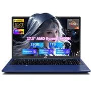 17.3 IPS FHD Gaming Laptop, 6 Cores AMD Ryzen 5 6600H 32GB DDR5 RAM 1TB SSD Beat i7-1165G7 up to 4.5GHz 660M 6nm GPU-Computer with 100W Type-C Backlit Keyboard, Fingerprint Win 11 Blue