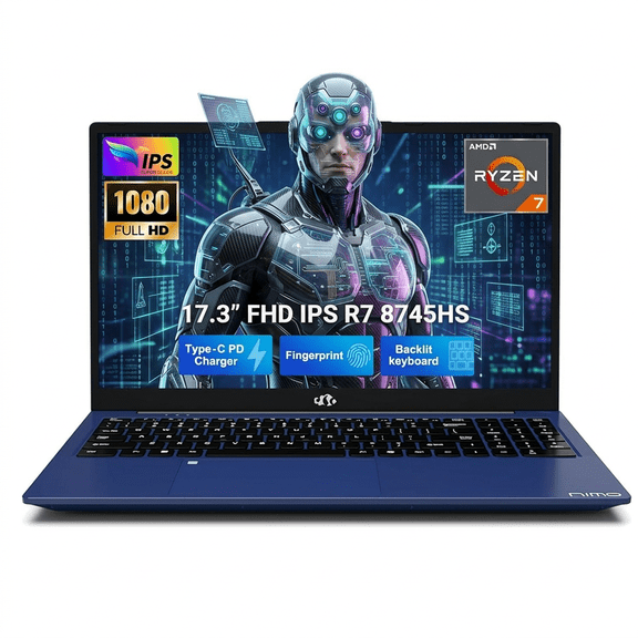 17.3" IPS FHD Gaming Laptop 64GB DDR5 RAM 1TB SSD AMD Ryzen 7 8745HS 8-Core up to 4.9GHz (Radeon 780M Graphics) with 100W USB-C Fast Charger Backlit Keyboard Fingerprint USB 4.0 Blue
