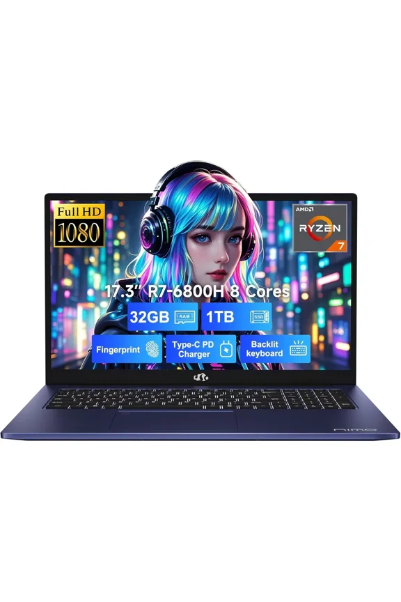17.3" IPS FHD-Gaming-Laptop, 8 Cores AMD Ryzen 7 6800H 32GB DDR5 RAM 1TB SSD (Beat i7-12700H Up to 4.7GHz) AMD Radeon 680M GPU-Computer with 100W Type-C Backlit Keyboard Fingerprint(Blue）