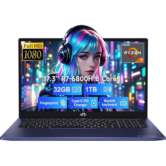 17.3" IPS FHD-Gaming-Laptop, 8 Cores AMD Ryzen 7 6800H 32GB DDR5 RAM 1TB SSD (Beat i7-12700H Up to 4.7GHz) AMD Radeon 680M GPU-Computer with 100W Type-C Backlit Keyboard Fingerprint(Blue)