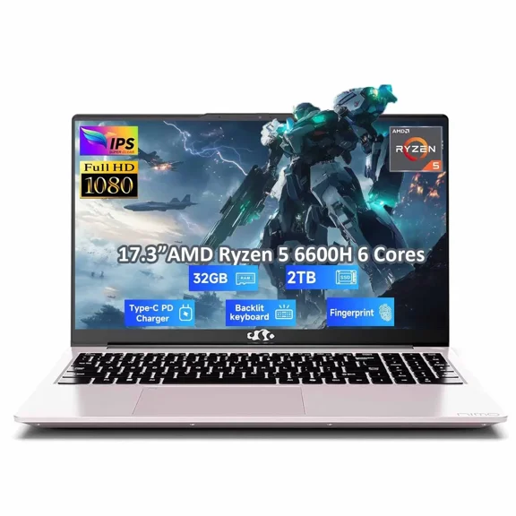 17.3" IPS FHD-Gaming-Laptop, AMD Ryzen 5 6600H 6 Cores 32GB DDR5 RAM 2TB SSD (Beat i7-1165G7, Up to 4.5GHz) Radeon 660M GPU-Computer with 100W Type-C Backlit Keyboard Fingerprint