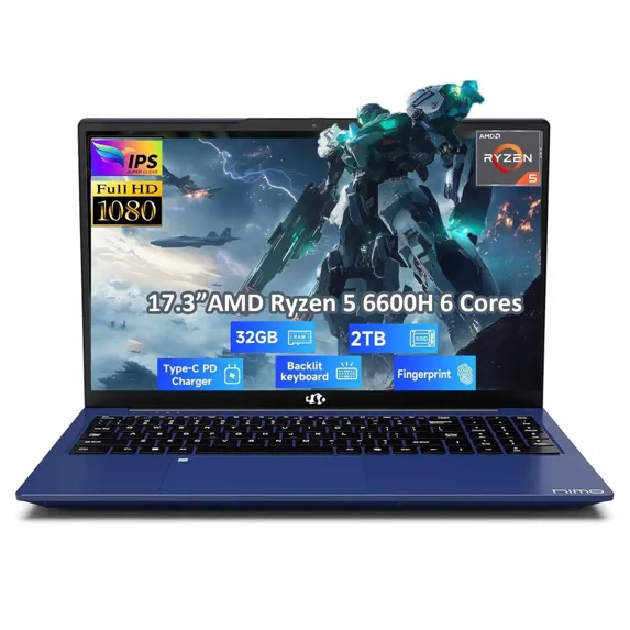 17.3" IPS FHD-Gaming-Laptop, AMD Ryzen 5 6600H 6 Cores 32GB DDR5 RAM 2TB SSD (Beat i7-1165G7, Up to 4.5GHz) Radeon 660M GPU-Computer with 100W Type-C Backlit Keyboard Fingerprint