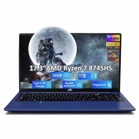 17.3" IPS FHD Gaming Laptop, AMD Ryzen 7 8745HS 16GB DDR5 RAM 1TB SSD (8C/16T, up to 4.9GHz) Radeon 780M Graphics Business Computer with 100W Type-C B USB-C 4.0