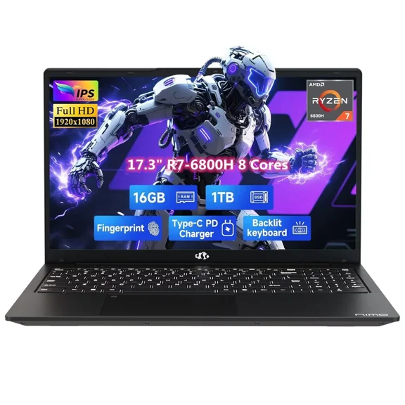 17.3" IPS FHD Gaming Laptop, Business Laptops, 8 Cores AMD Ryzen 7 6800H 16GB DDR5 RAM 1TB SSD (Beat i7-12700H, Up to 4.7GHz) AMD Radeon 680M GPU-Computer with 100W Type-C Fingerprint Black