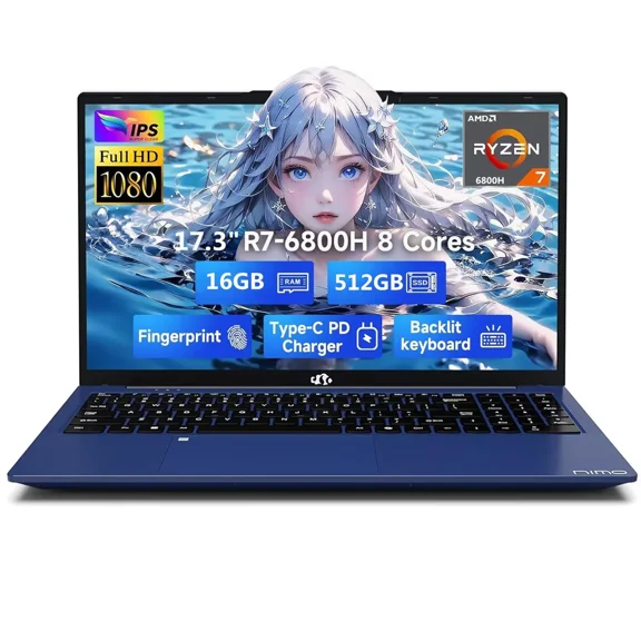 17.3" IPS FHD Gaming Laptop, Business Laptops, 8 Cores AMD Ryzen 7 6800H 16GB DDR5 RAM 512GB SSD (Beat i7-12700H, Up to 4.7GHz) AMD Radeon 680M GPU-Computer with 100W Type-C Fingerprint Blue