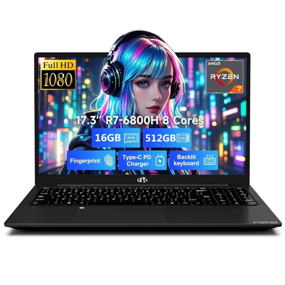 17.3" IPS FHD Gaming Laptop, Business Laptops, 8 Cores AMD Ryzen 7 6800H 16GB DDR5 RAM 512GB SSD (Beat i7-12700H, Up to 4.7GHz) AMD Radeon 680M GPU-Computer with 100W Type-C Fingerprint Black