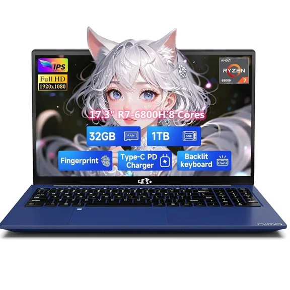 17.3" IPS FHD Gaming Laptop, Business Laptops, 8 Cores AMD Ryzen 7 6800H 32GB DDR5 RAM 1TB SSD (Beat i7-12700H, Up to 4.7GHz) AMD Radeon 680M GPU-Computer with 100W Type-C Fingerprint Blue