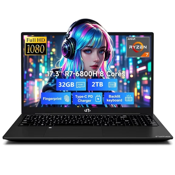 17.3" IPS FHD Gaming Laptop, Business Laptops, 8 Cores AMD Ryzen 7 6800H 32GB DDR5 RAM 2TB SSD (Beat i7-12700H, Up to 4.7GHz) AMD Radeon 680M GPU-Computer with 100W Type-C Fingerprint Black