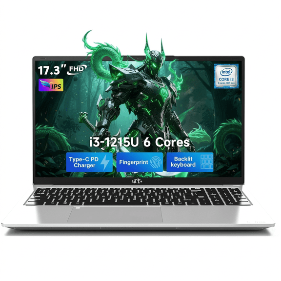 17.3" IPS FHD Laptop 16GB RAM 1TB SSD Intel Core i3-1215U (Beats i5-1135G7) with Wi-Fi 6 Backlit Keyboard Fingerprint USB-C 65W Fast Charge Bluetooth 5.2 180° View Silver