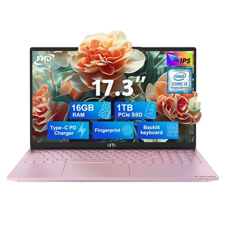 17.3 IPS FHD-Laptop, 16GB RAM 1TB SSD Intel Pentium 6 Cores i3-1215U(Beat i5-1135G7) Student-Laptop, Laptop-Computer with Backlit Keyboard Fingerprint Home-laptop, Rose Gold