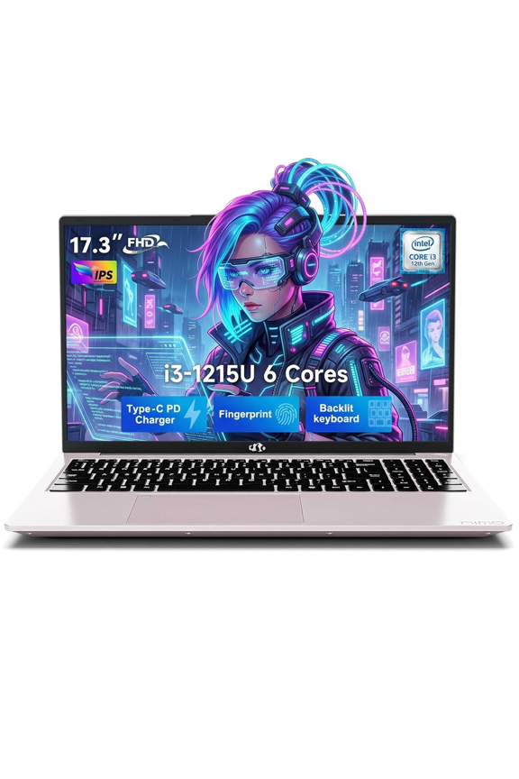 17.3" IPS FHD Laptop 16GB RAM 256GB SSD Intel Core i3-1215U (Beats i5-1135G7) with Wi-Fi 6 Backlit Keyboard Fingerprint USB-C 65W Fast Charge 180° View RoseGold