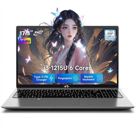 17.3" IPS FHD Laptop 16GB RAM 256GB SSD Intel Core i3-1215U (Beats i5-1135G7) with Wi-Fi 6 Backlit Keyboard Fingerprint USB-C Fast Charge Windows 11 Home Gray