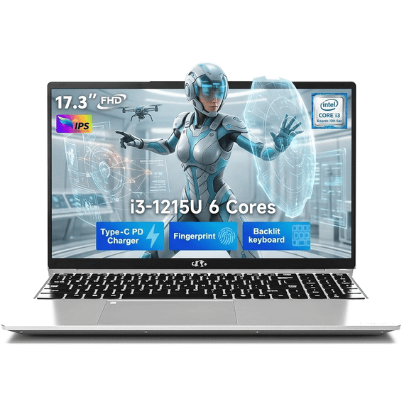 17.3" IPS FHD Laptop 16GB RAM 512GB SSD Intel Core i3-1215U (Beat Ryzen 5 7520U, 6 Cores Up to 4.4GHz) Computer with 65W Type-C Backlit Keyboard Fingerprint Silver